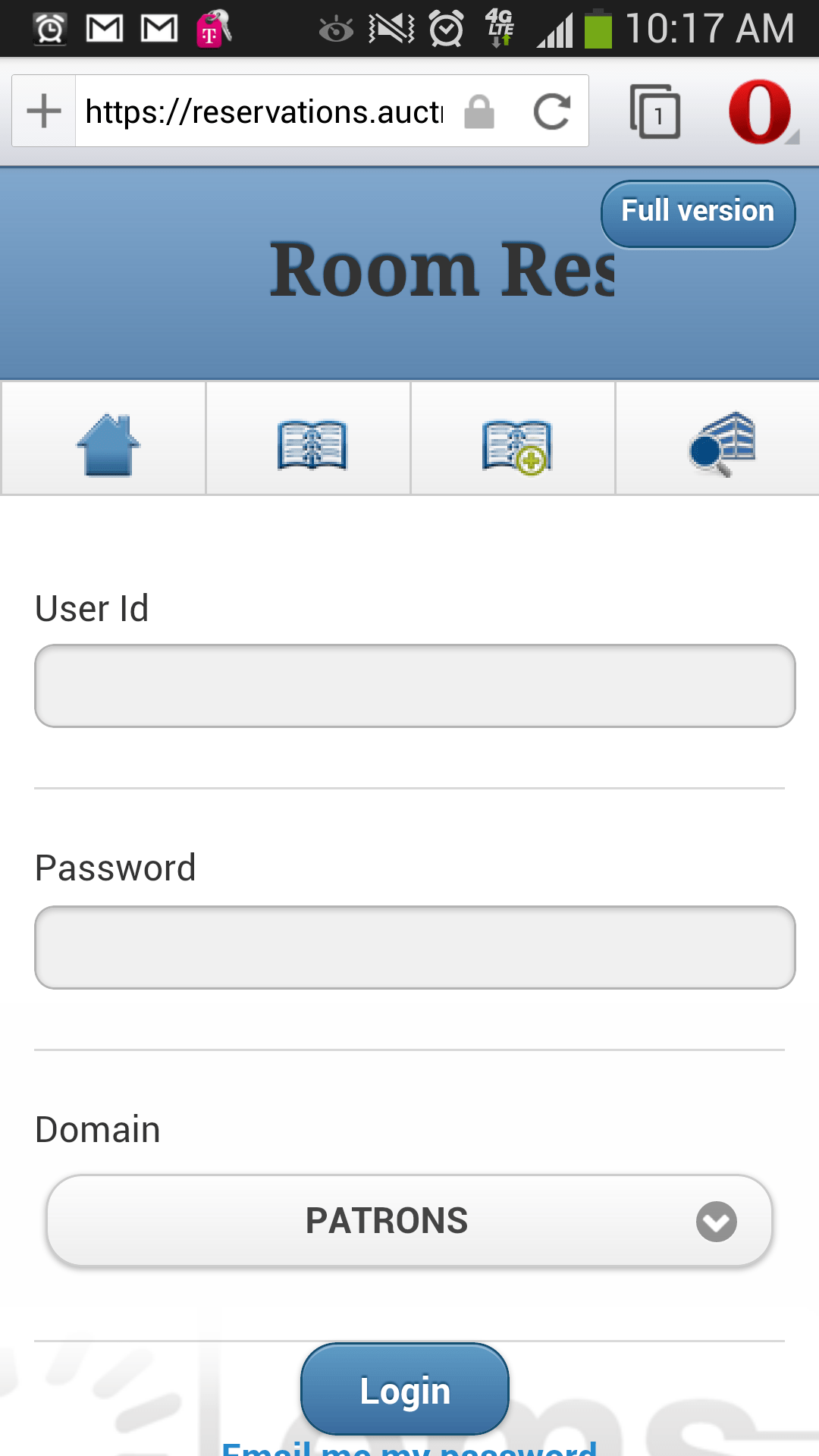 Virtual Room Reservations Home Screen (pictured on Android device)
